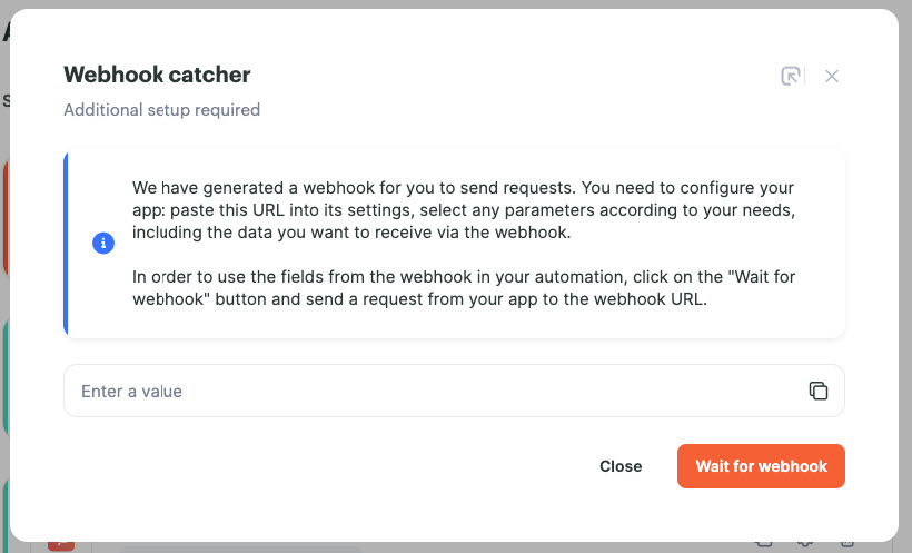 Schermata di raccolta del webhook
