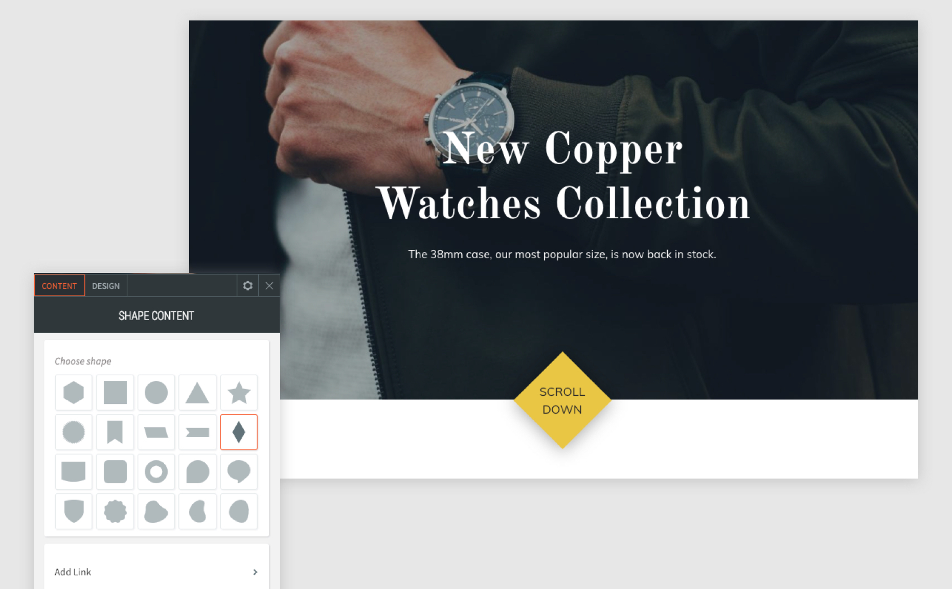 La forme widget avec le menu contextuel ouvert et la forme de diamant sélectionnée pour montrer que vous pouvez l'utiliser comme bouton de défilement.