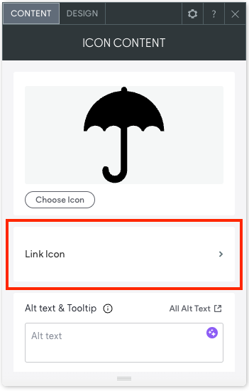 L'onglet Contenu d'un menu contextuel avec le bouton permettant de définir une icône de lien est encadré en rouge.