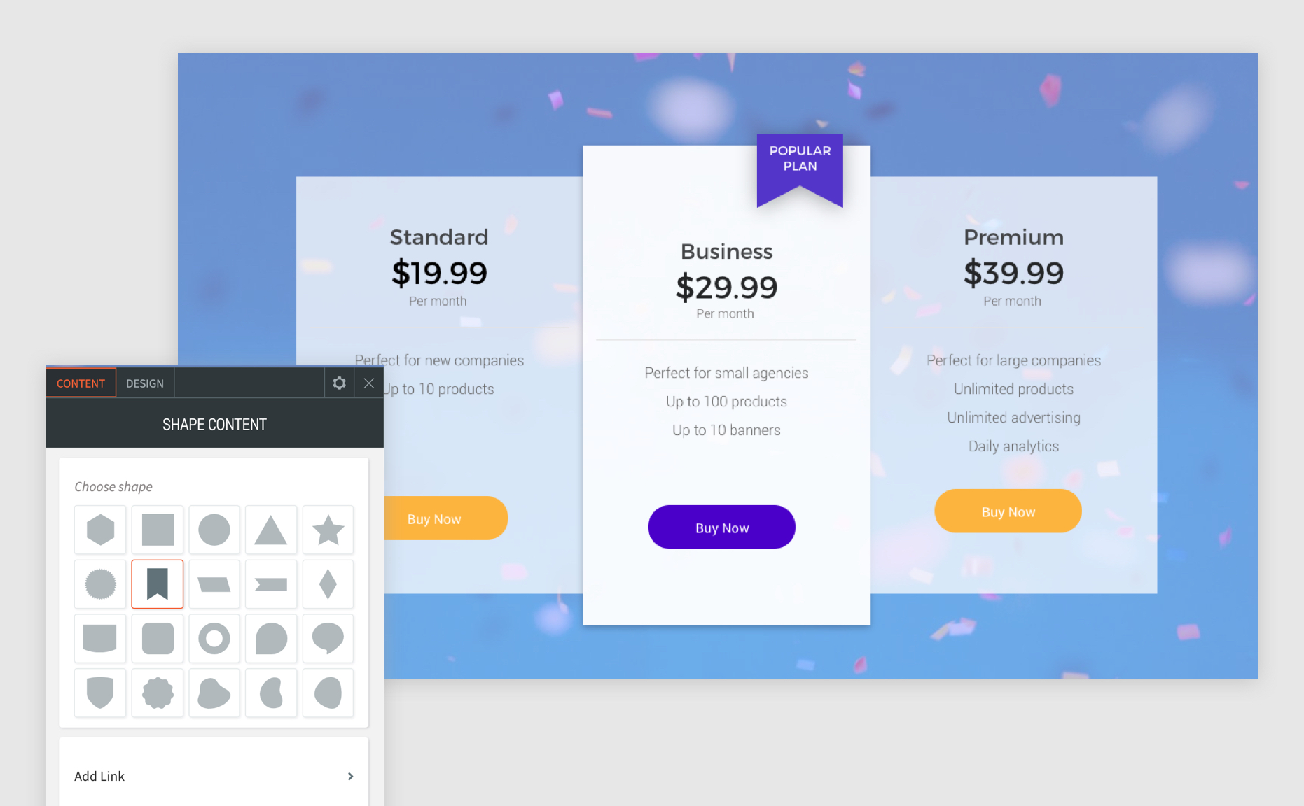 Forme widget avec le menu contextuel ouvert et la forme du ruban sélectionnée pour montrer que vous pouvez utiliser le site widget pour afficher des plans.