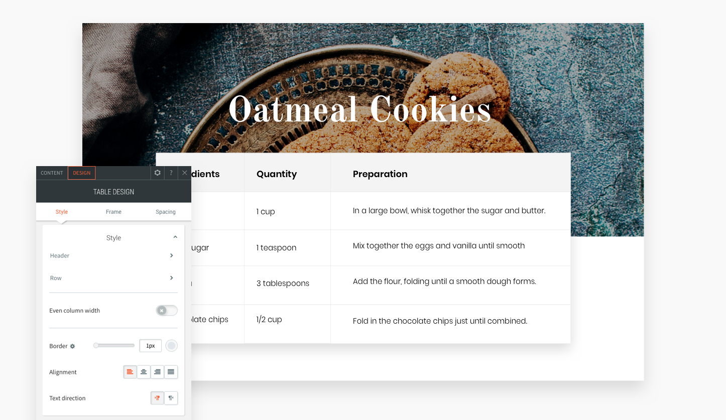 Tabela widget em um site ativo repleto de dados.