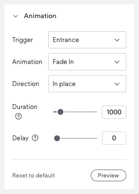 Riquadro di un widget aperto alla sezione animazione. Vengono elencate le impostazioni di animazione disponibili.