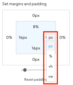 Menú desplegable que le permite seleccionar entre px,%, vh o vw.