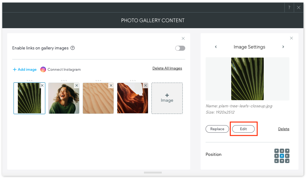 Widget galleria fotografica con selettore di immagini aperto. Il pulsante di modifica è contornato in rosso.