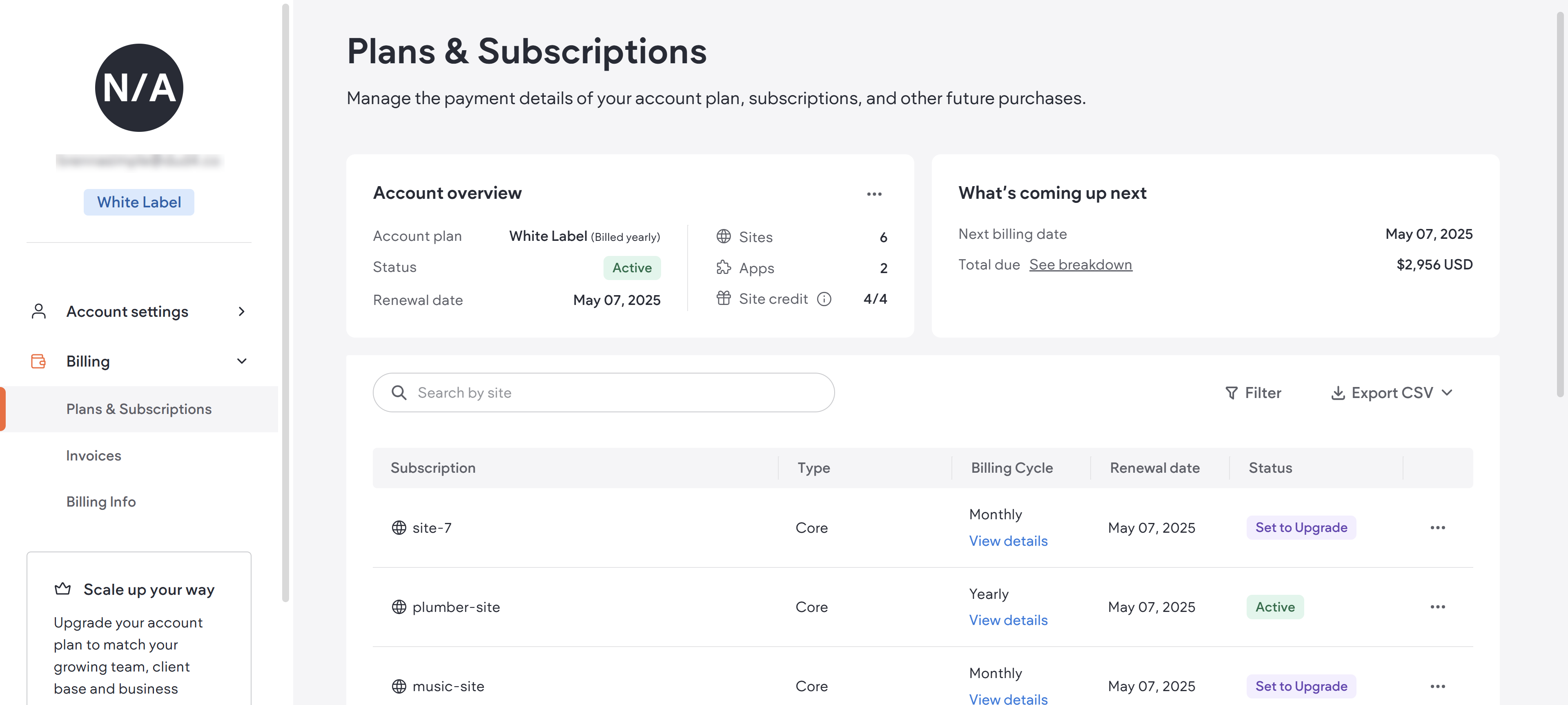 Overall image of the plans and subscriptions page. There is a Plans and Subscriptions heading at the top of the page, a list of pages in the left side panel, and a table in the middle of the page with a list of subscriptions.