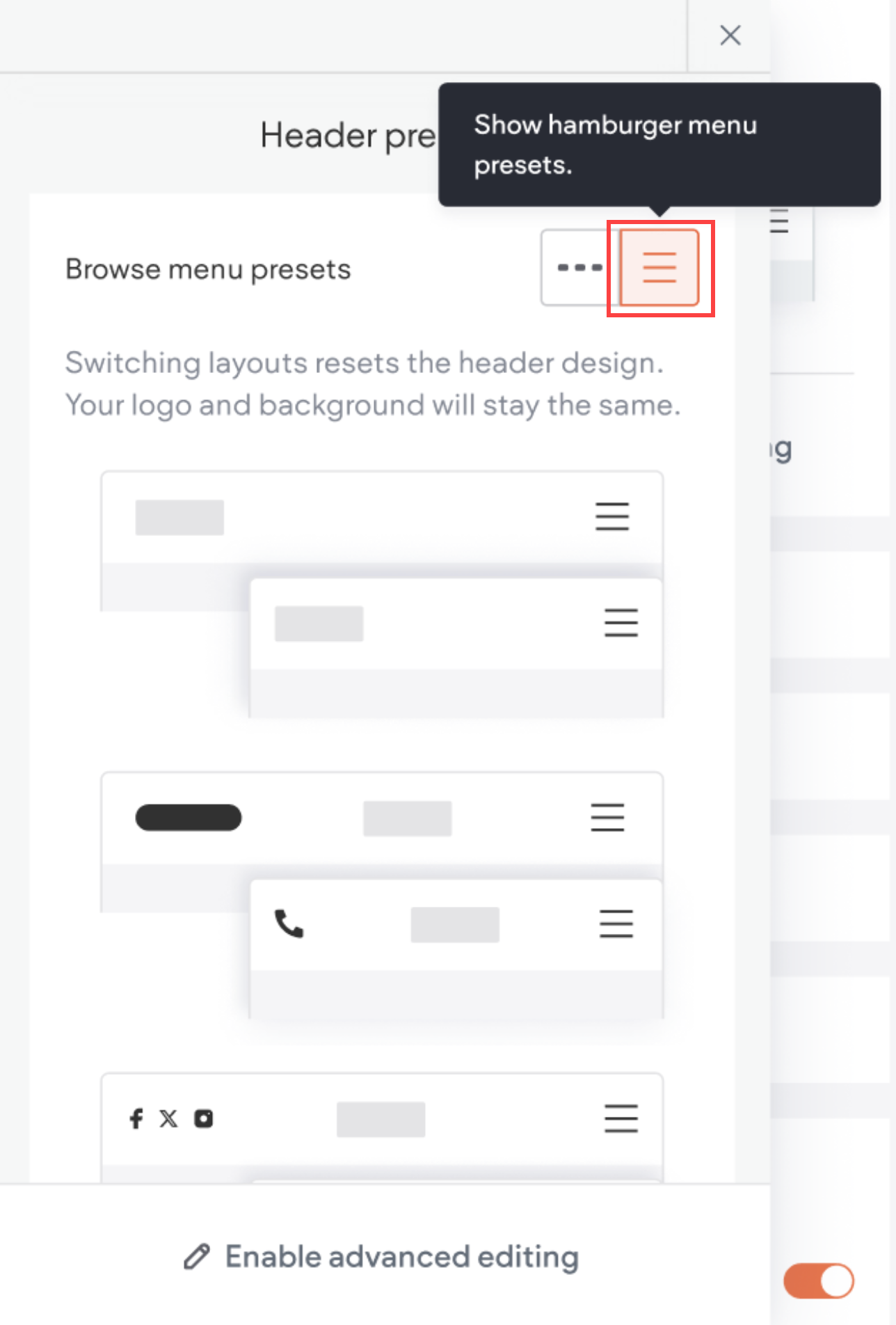Header presets menu is open with hamburger presets selected