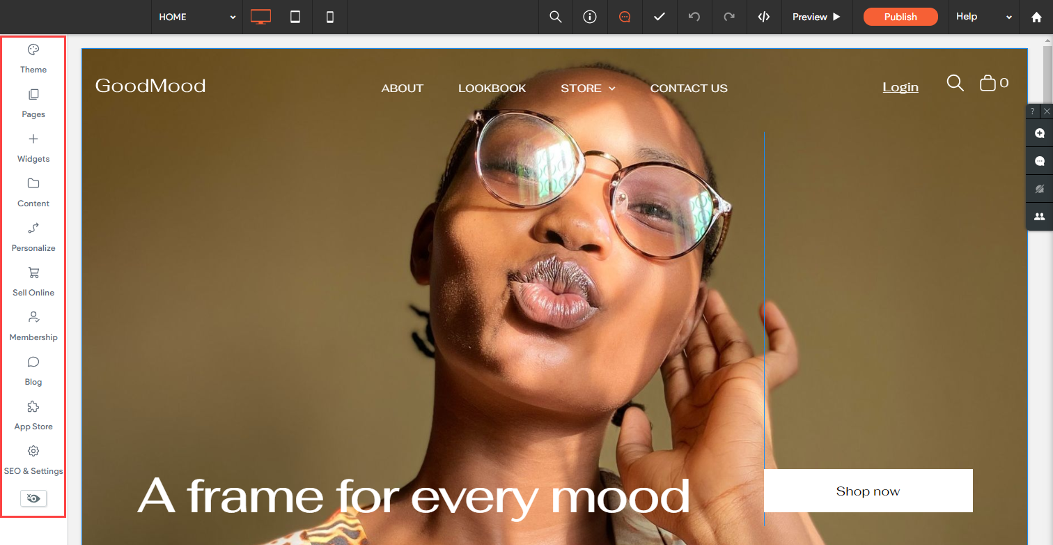 Editor canvas with the side panel buttons outlined in red for the user