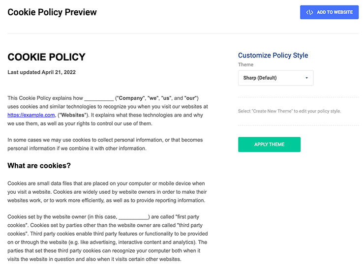 Esempio di anteprima della politica sui cookie