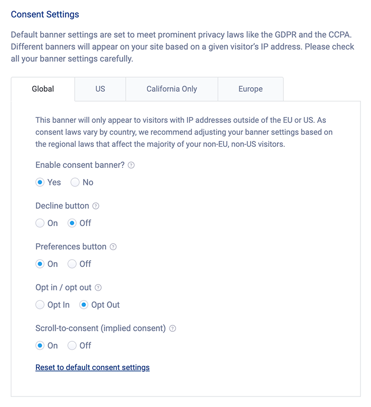 captura de tela de configurações de consentimento