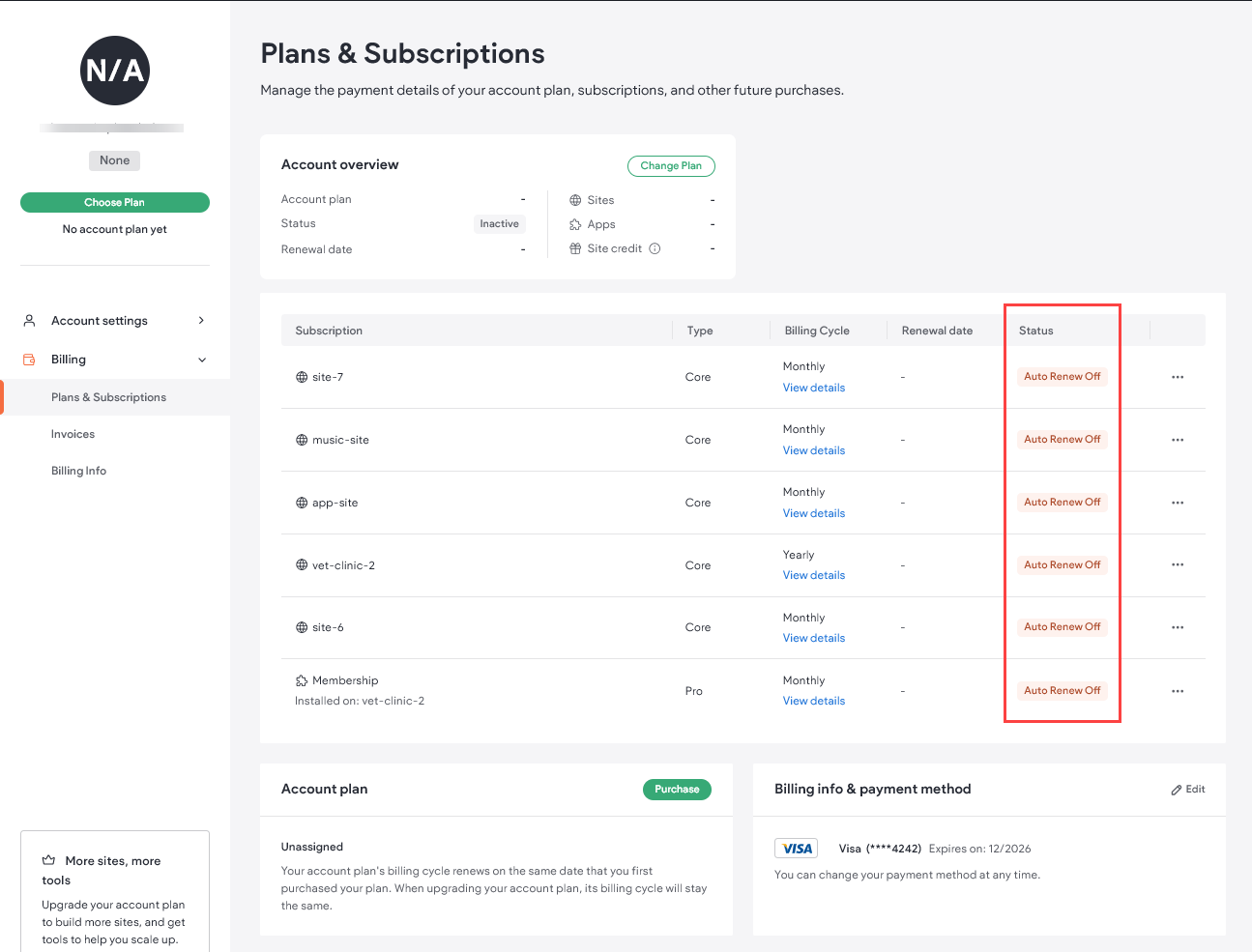 Auto renew status is outlined in red so the user can see where on the page it is located.