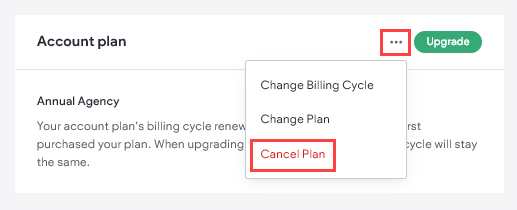 Cancel plan option is outlined in red so users know what to click