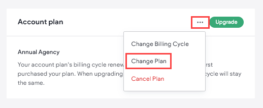 Change plan option is outlined in red in the three dot menu dropdown so the user knows what to click