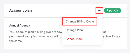 Change billing cycle option is outlined in red along with the three horizontal dot icon.