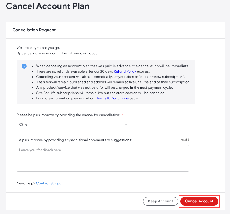 Popup with list of actions that happen when you cancel your account. The Cancel Account button is at the bottom right of the image and is outlined in red so the user knows where to click.