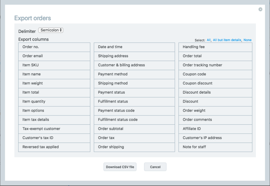 Table of exported orders in black text on a gray background.