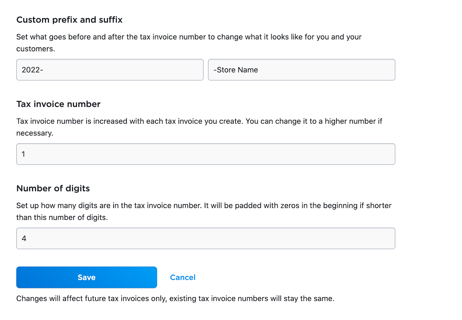White page background with gray fields. Inside the fields there is black text. Blue save button at bottom left.