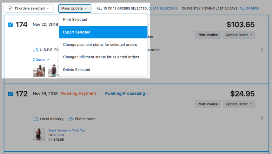 Mass update menu is open and Export Selected is selected.