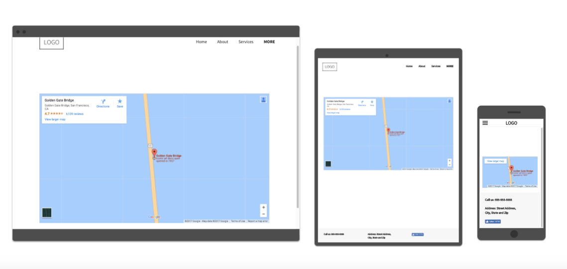 A google maps location shown on three screen sizes: desktop, tablet, and mobile.