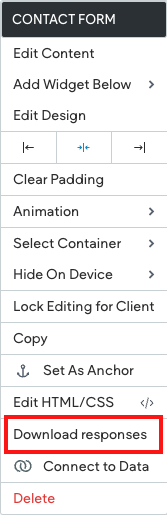 The context menu for the Contact form widget is open with Download responses selected
