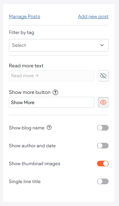 Context menu for the All Posts widget is open with the Show thumbnail images toggle enabled.