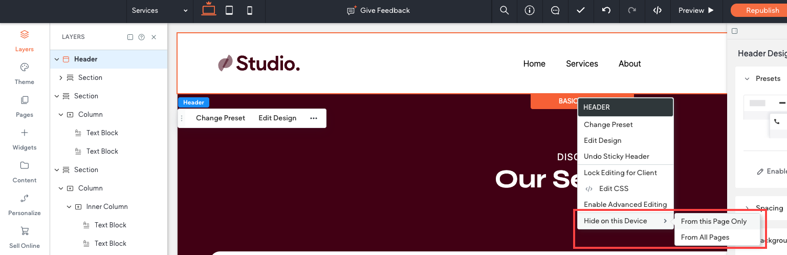 Context menu open with Hide on this Device selected. Options are From this page only and From all pages.