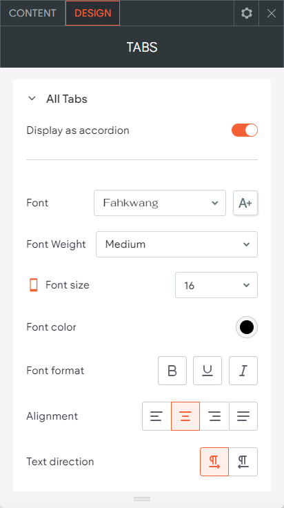 Context menu for Tabs widget is open on the Design tab. The Display as accordion toggle is enabled.