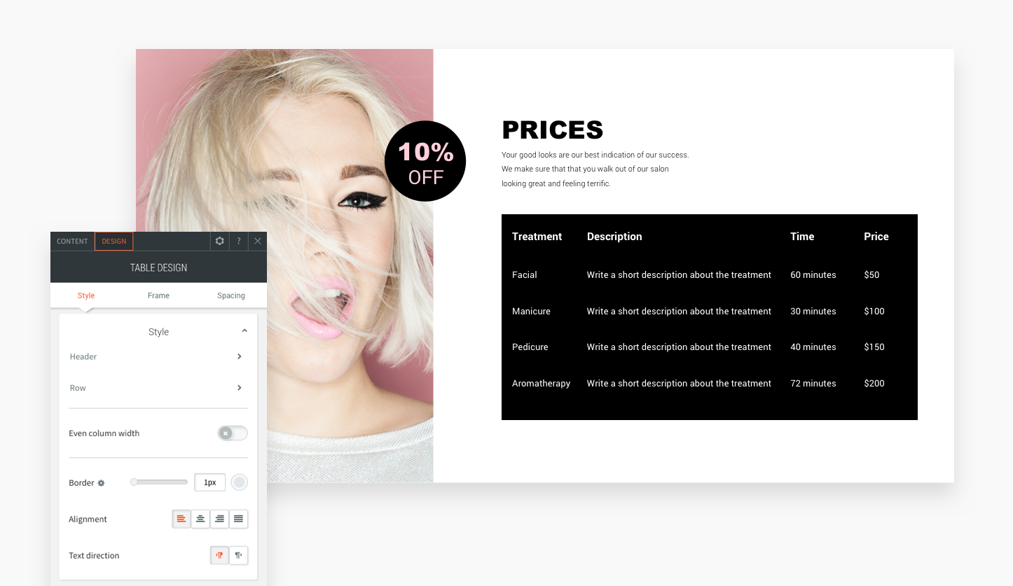 Tabela widget com dados em um site ativo.