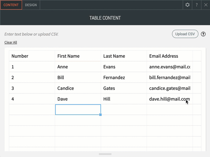La pestaña de contenido en el menú contextual del widget de tabla está abierta y muestra el contenido de la tabla. Un botón de carga CSV en la esquina superior derecha.