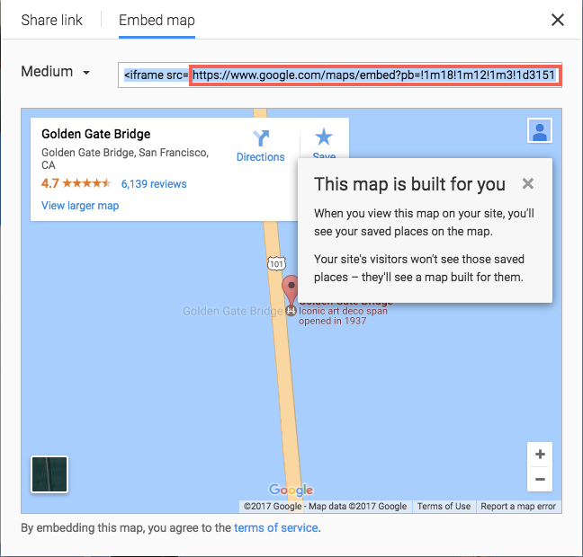 Interfaz de mapas de Google con un campo que incluye la URL de inserción