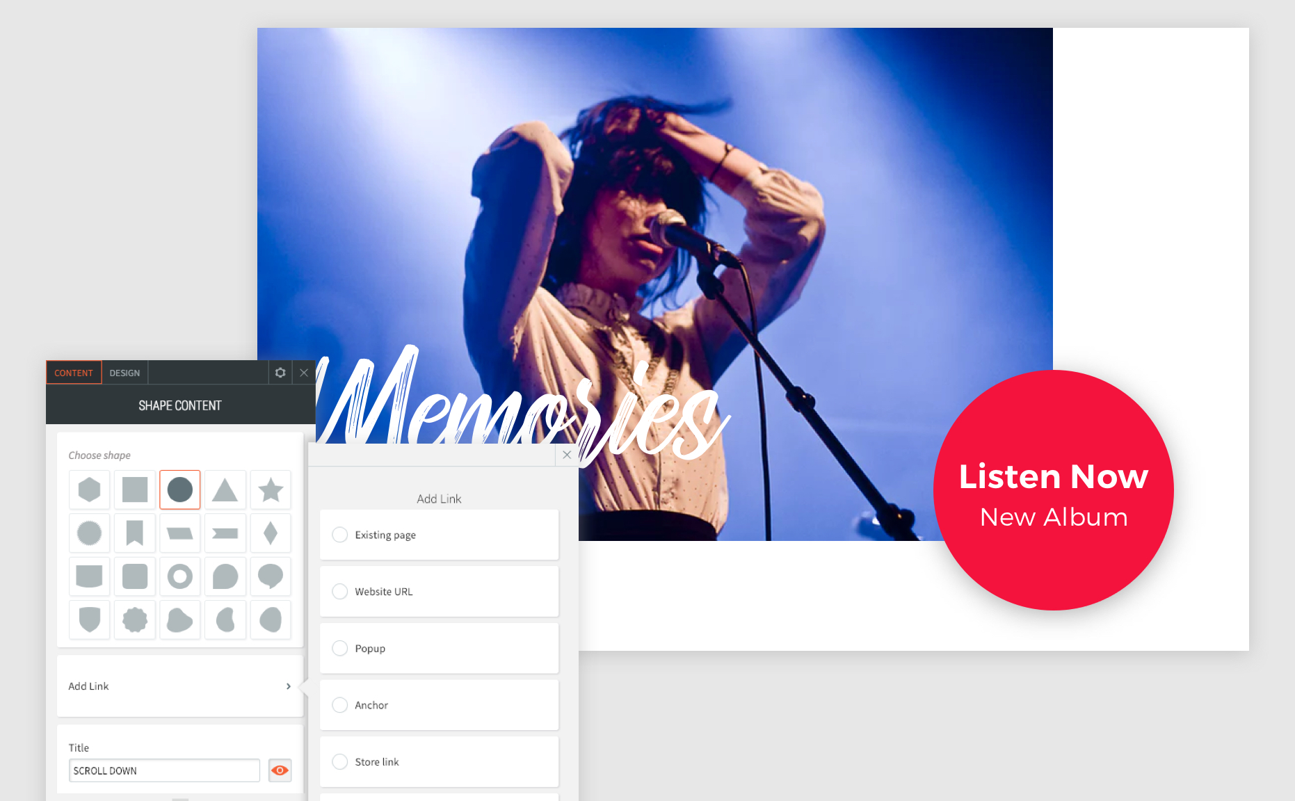 El menú contextual del widget de forma se abre con el círculo seleccionado para mostrar que puede usar una forma para un botón