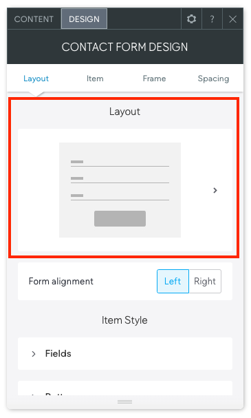 Das Designmenü für das Kontaktformular-Widget ist geöffnet. Der Bereich, in dem Sie mit den Pfeilen ein Layout auswählen können, ist rot umrandet.