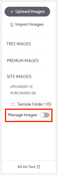 Painel lateral esquerdo do gerenciador de mídia com o botão de gerenciamento de imagens selecionado.