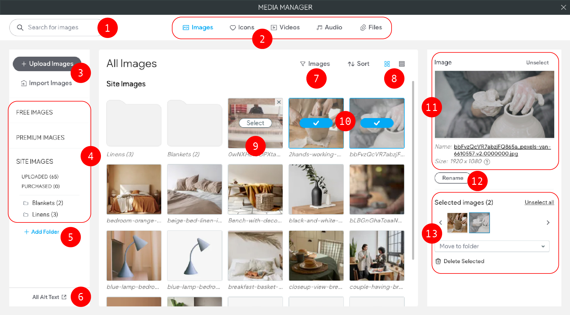 Open media manager. On the left side there is a list of folders. in the middle there are rows of images. On the right side, the details for the selected image are displayed.
